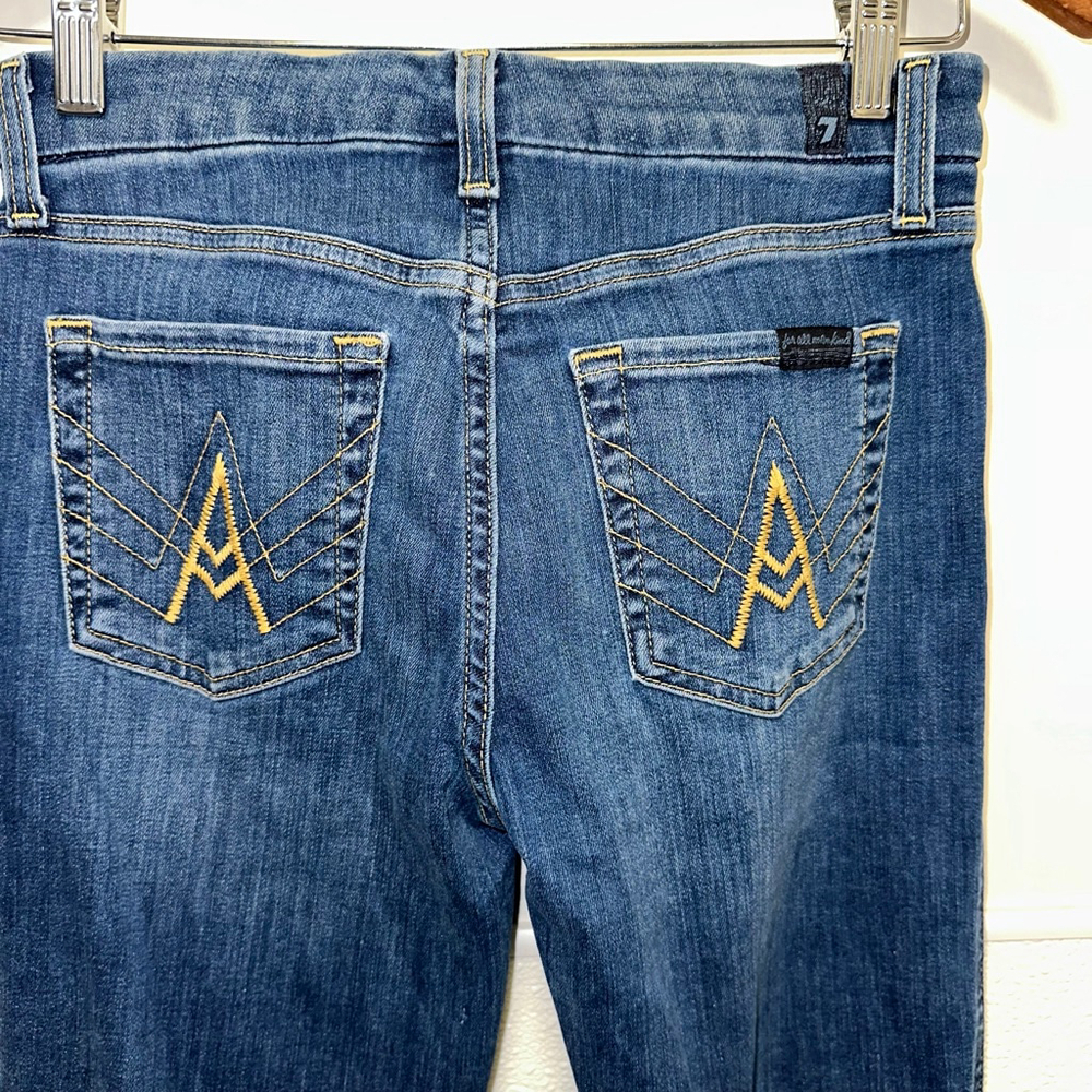 Women's 7 For All Mankind Blue Gold Stitch A Pocket Flare Jeans Size 26 - Picture 2 of 16